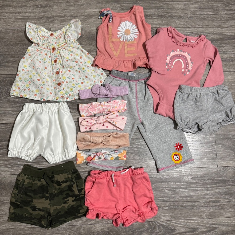 Baby Girl 12M Clothing Lot 12pc Carters Floral Rainbow Camo‎ Head Band Shorts